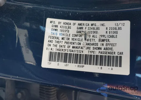 2013 Honda Accord Lx из США, поврежденный, VIN 1HGCR2F37DA072024